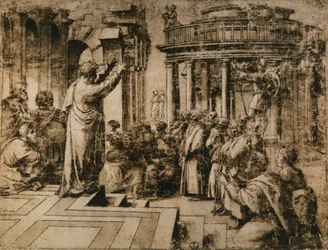 St. Paulus predigt in Athen; Zeichnung aus der Schule von Raphael. Gabinetto dei Disegni e delle Stampe, Uffizien, Florenz